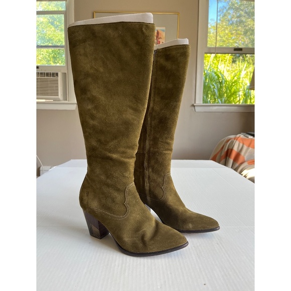 Frye Shoes - Frye Reed Sz 7M Olive Green Suede Side Zipper Tall Casual Dress Heeled Boots